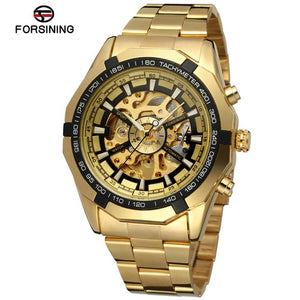 FORSINING Men's Watch Antique Skeleton Stainless Steel Bracelet Wristwatch Color Gold FSG8042M4