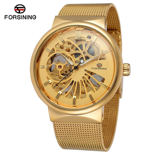 Fashion Forsining Top Brand Luxury Golden Watches Men's Automatic Mechanical Movement Mesh Strap Ultra Thin Stainless Steel Band