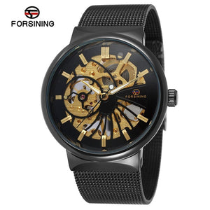 Fashion Forsining Top Brand Luxury Golden Watches Men's Automatic Mechanical Movement Mesh Strap Ultra Thin Stainless Steel Band