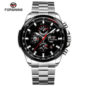 Forsining Brand Blue Ocean Silver Stainless Steel 3 Dial Calendar Men Automatic Self-wind Mechanical Watch