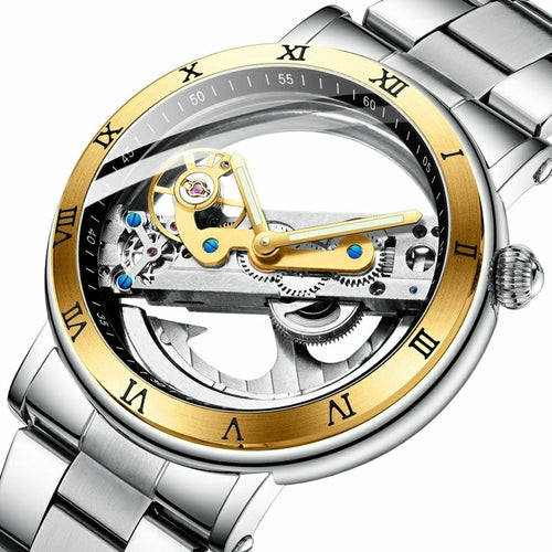 Double Side Transparent Tourbillion Silver Steel Mechanical Steampunk Creative Automatic Forsining Watch Top Brand Luxury Clock