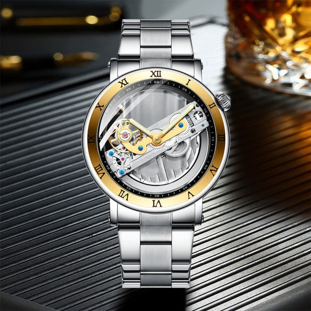 Double Side Transparent Tourbillion Silver Steel Mechanical Steampunk Creative Automatic Forsining Watch Top Brand Luxury Clock